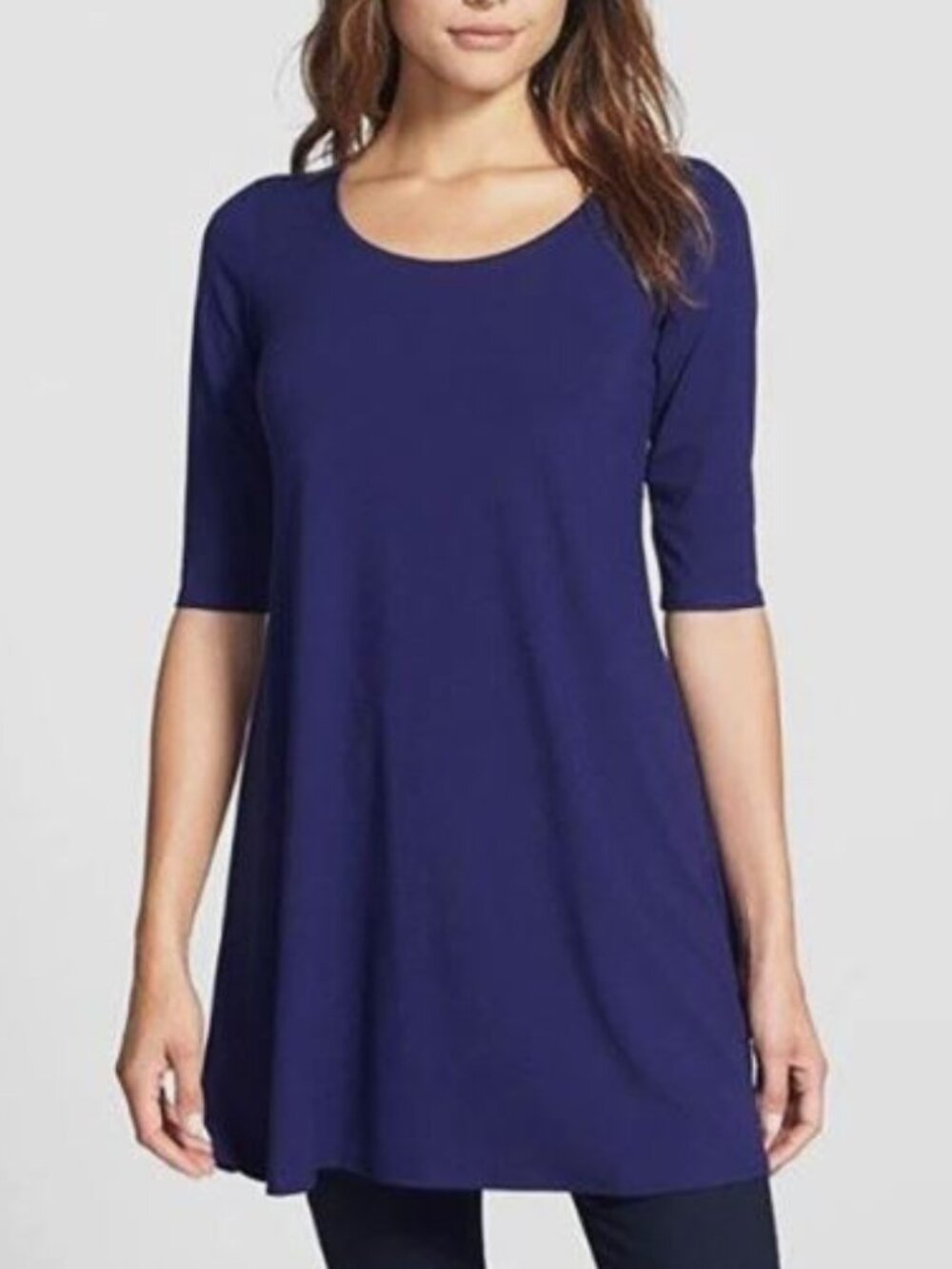 Eileen Fisher Blue Jewel Neck Elbow Sleeve Tunic / Dress Size XL